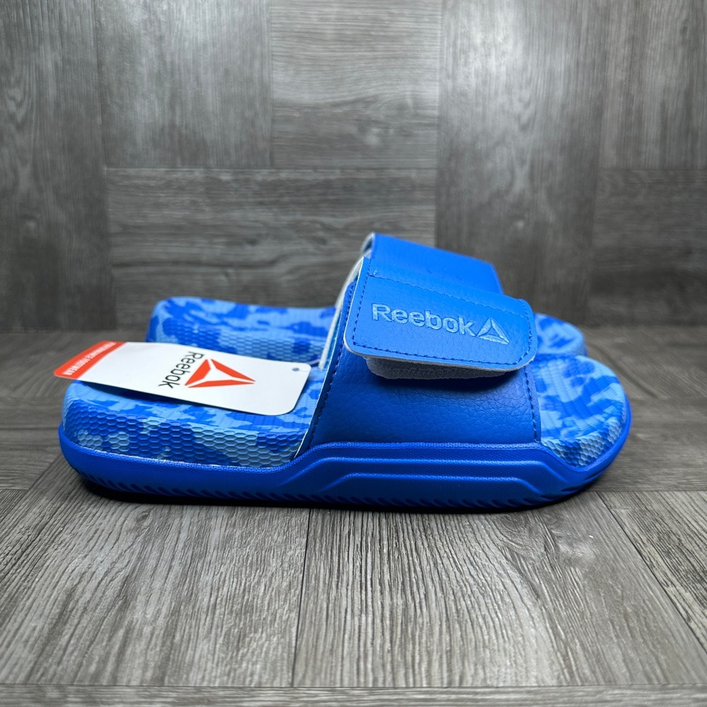 Reebok Delta Vital Slides Kids Size 1 Blue Camo Adjustable Strap Sporty NEW